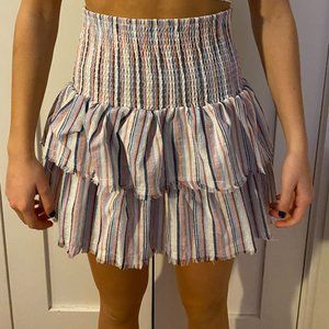 Shirred Waist Layered Ruffle Hem Striped Skirt